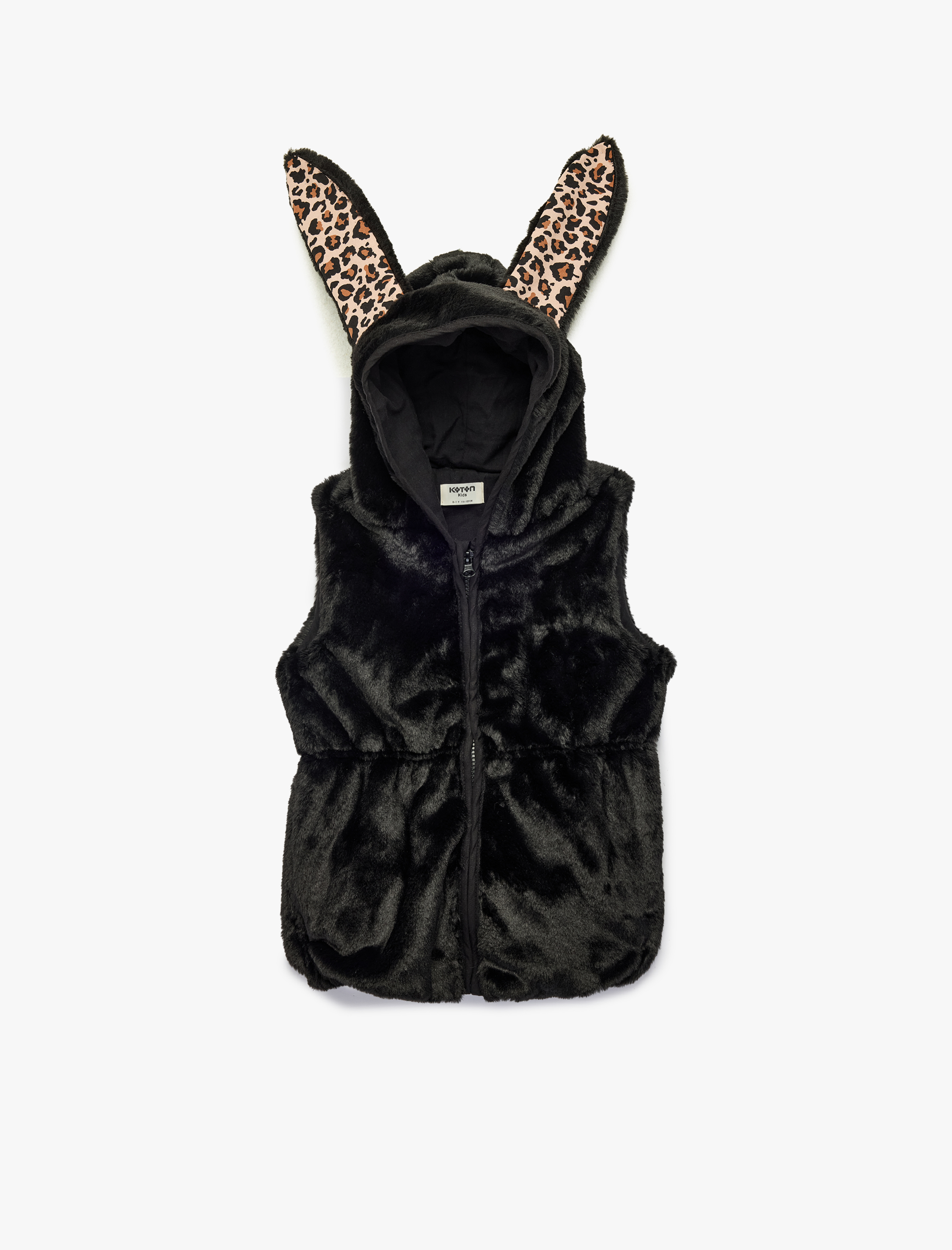  Kız Çocuk Tavşan Kulak Detaylı Kolsuz Kapüşonlu Kürk Görünümlü Yelek