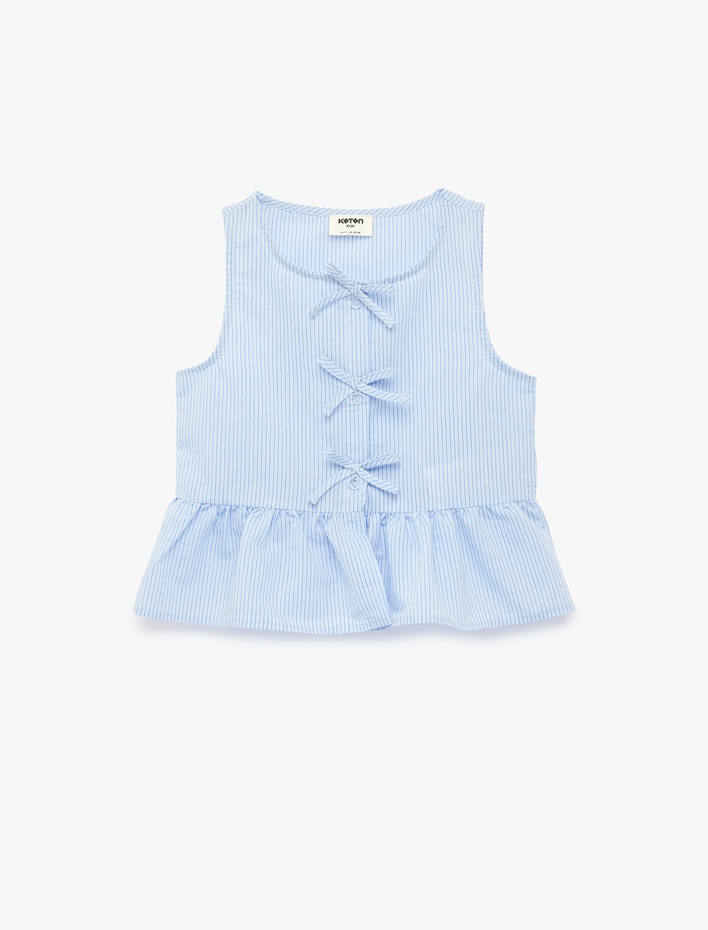 Kız Çocuk Fiyonklu Kolsuz Bisiklet Yaka Fırfır Detaylı Çizgili Bluz