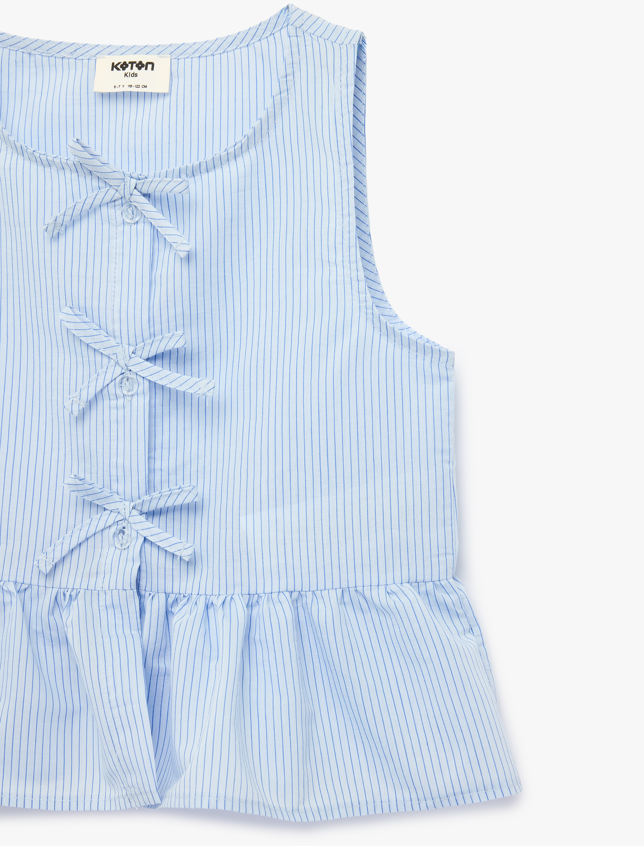  Kız Çocuk Fiyonklu Kolsuz Bisiklet Yaka Fırfır Detaylı Çizgili Bluz