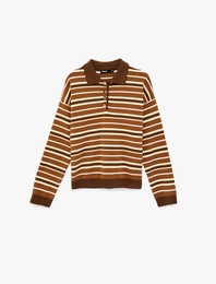 Uzun Kollu Yarım Düğme Detaylı Polo Yaka Çizgili Triko Kazak