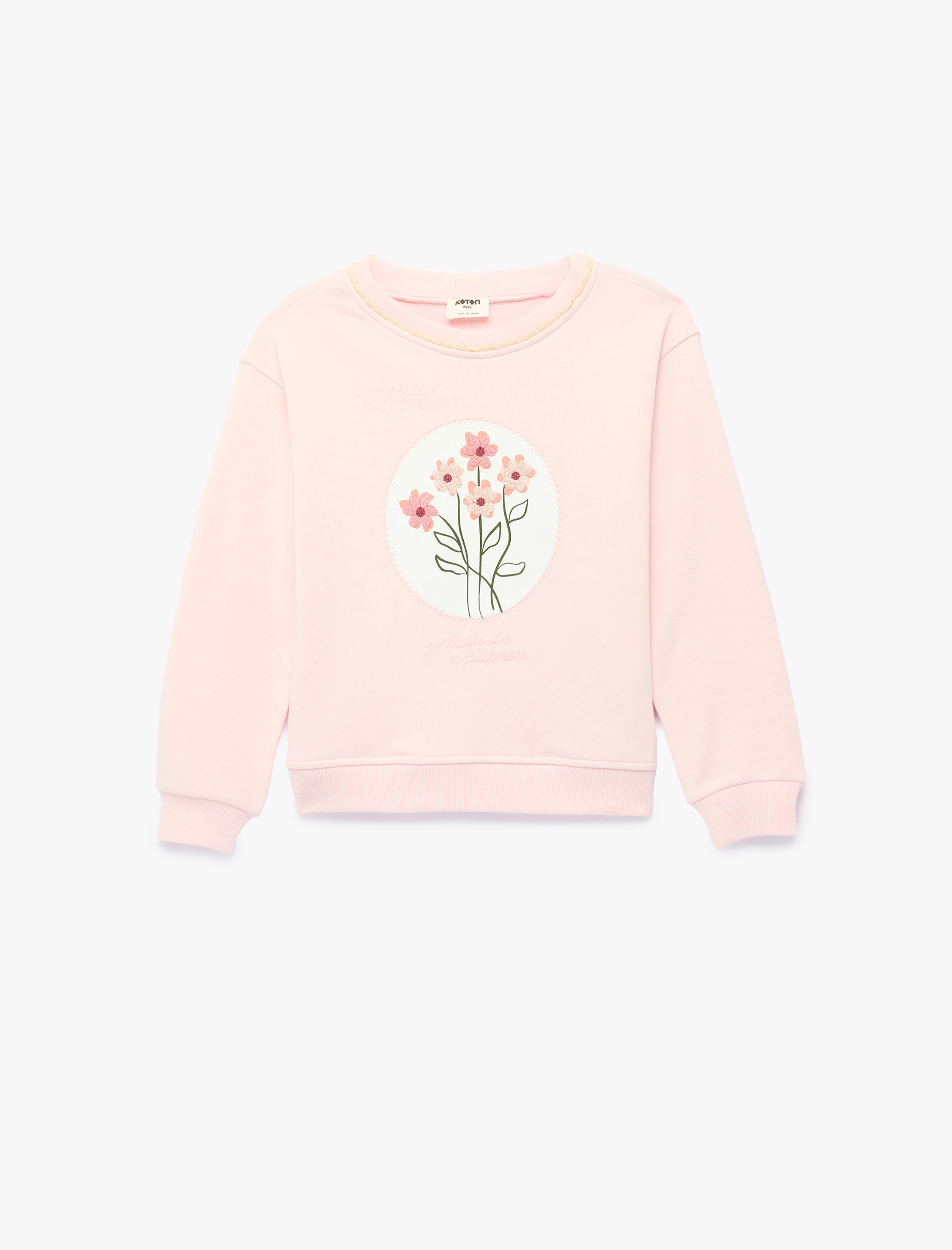  Kız Çocuk Nakış Detaylı Uzun Kollu Bisiklet Yaka Sweatshirt
