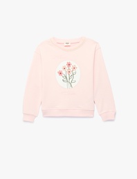Nakış Detaylı Uzun Kollu Bisiklet Yaka Sweatshirt