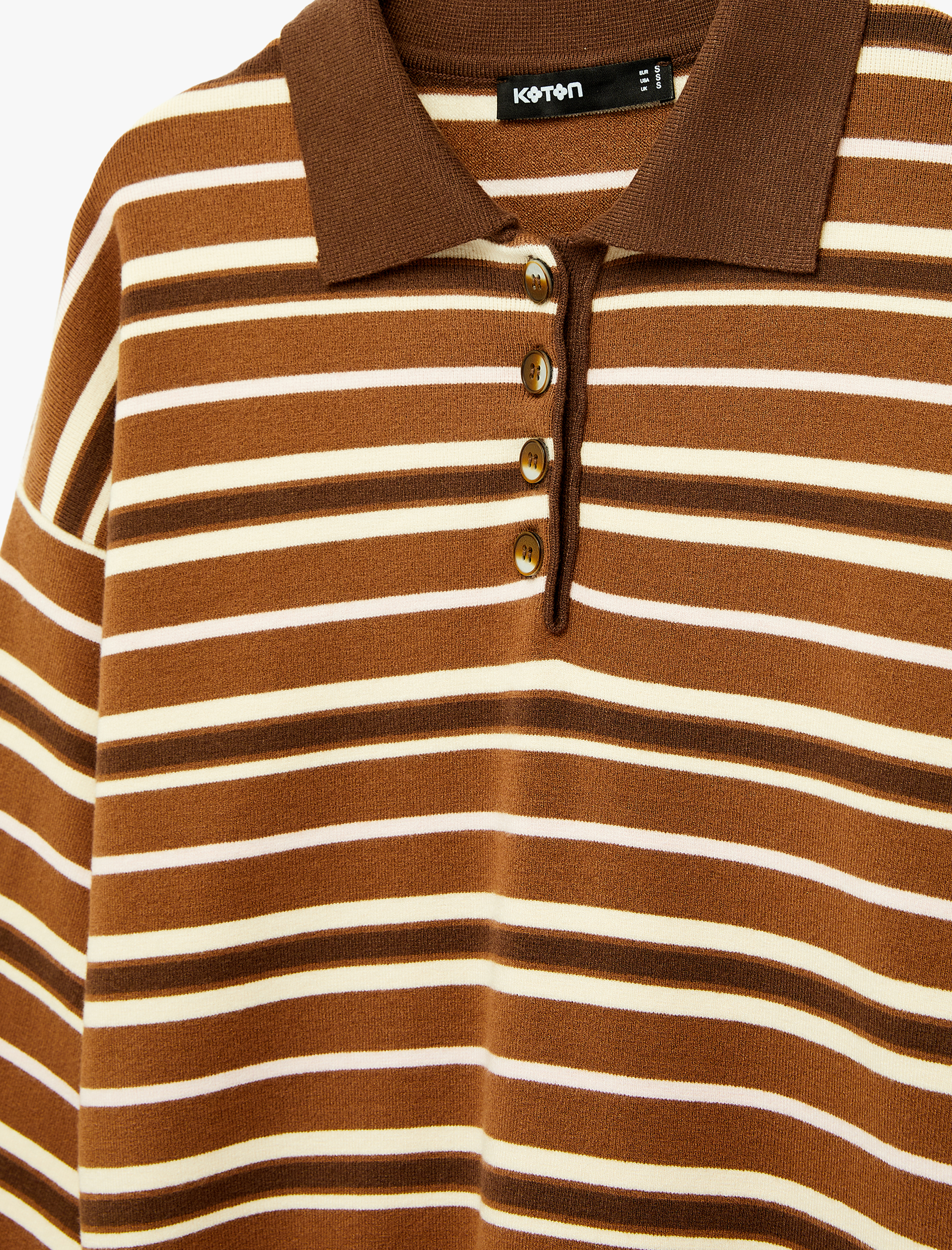   Uzun Kollu Yarım Düğme Detaylı Polo Yaka Çizgili Triko Kazak