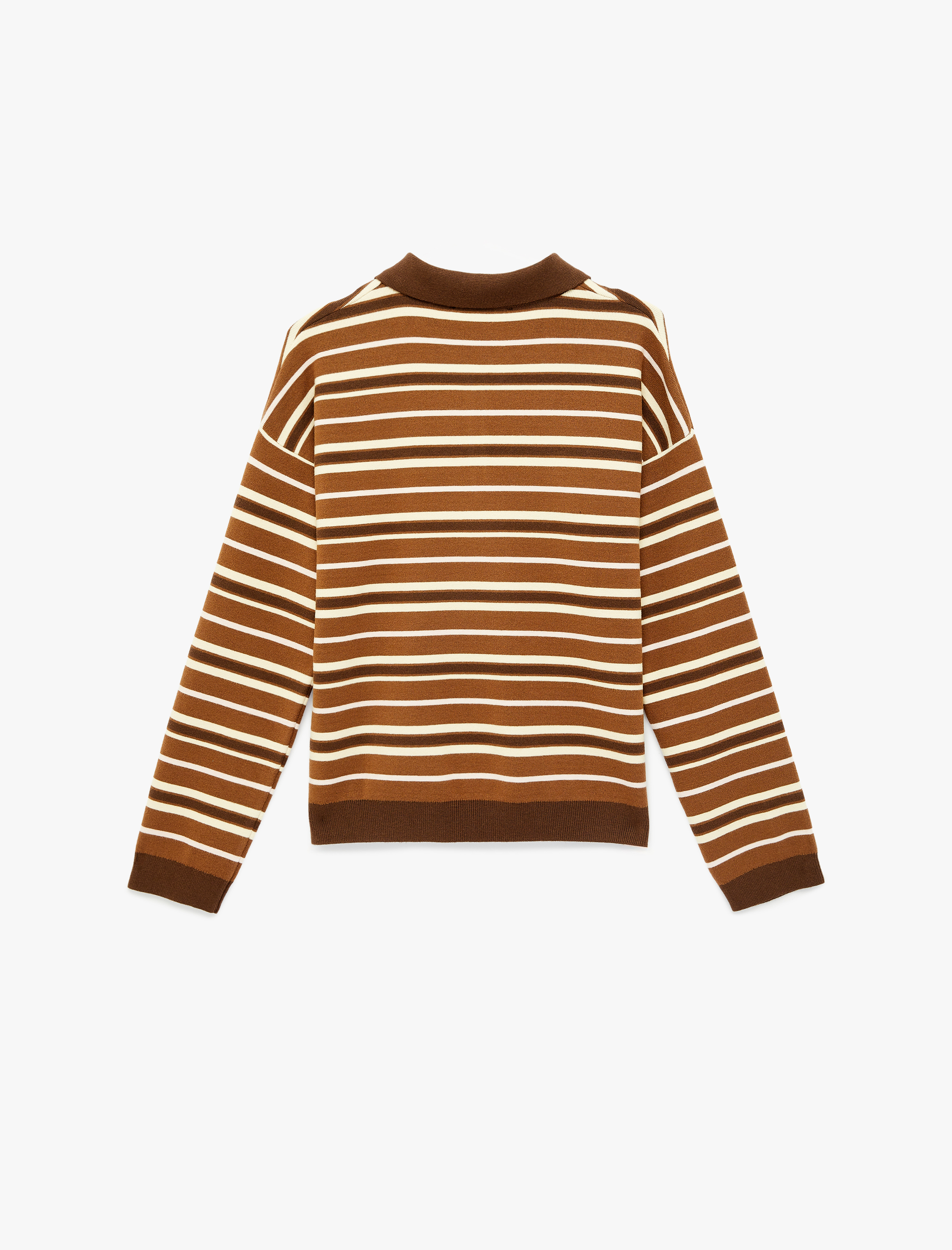   Uzun Kollu Yarım Düğme Detaylı Polo Yaka Çizgili Triko Kazak