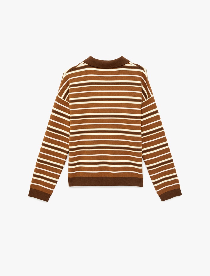  Uzun Kollu Yarım Düğme Detaylı Polo Yaka Çizgili Triko Kazak