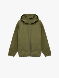 Pamuklu Cepli Uzun Kollu Fermuarlı Oversize Kapşonlu Jean Ceket