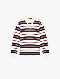Uzun Kollu Üç İplik Şardonlu Çizgili Düğmeli Polo Yaka Sweatshirt