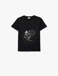 Baskılı Kısa Kollu Bisiklet Yaka Pamuklu Tişört