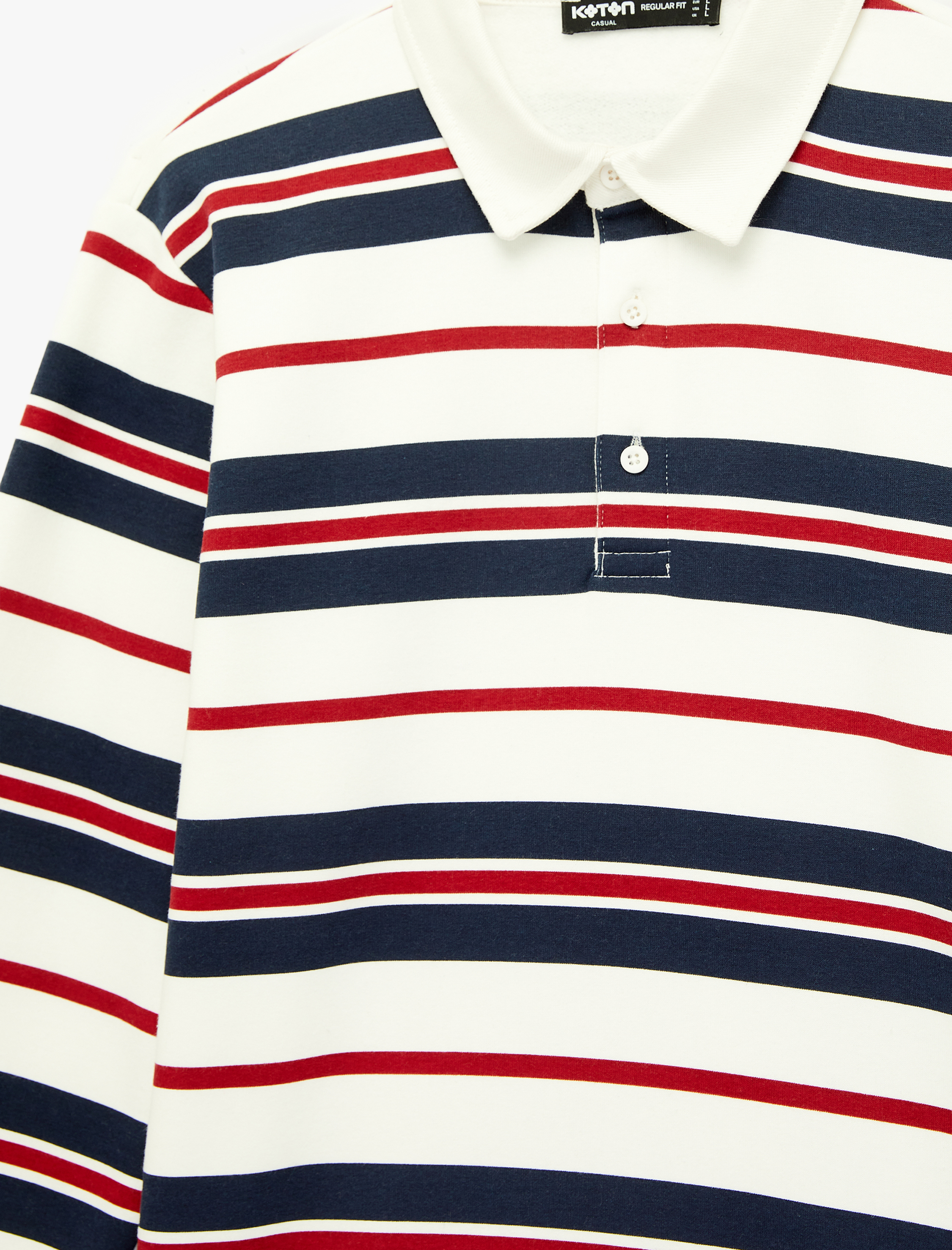   Uzun Kollu Üç İplik Şardonlu Çizgili Düğmeli Polo Yaka Sweatshirt