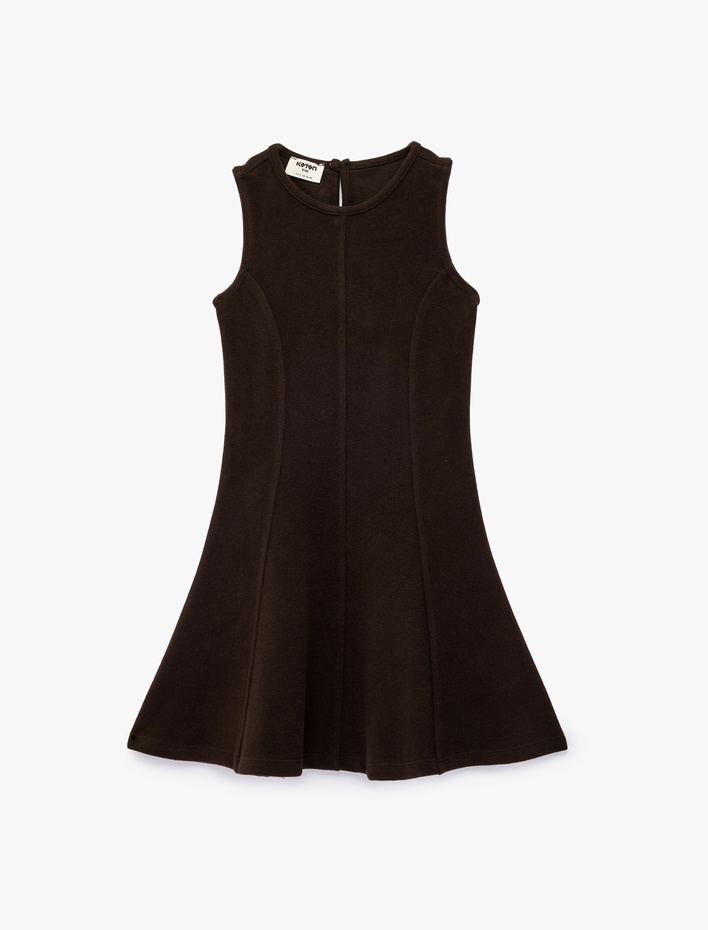 Kız Çocuk Bisiklet Yaka Kolsuz  Dikiş Detaylı Pileli Elbise