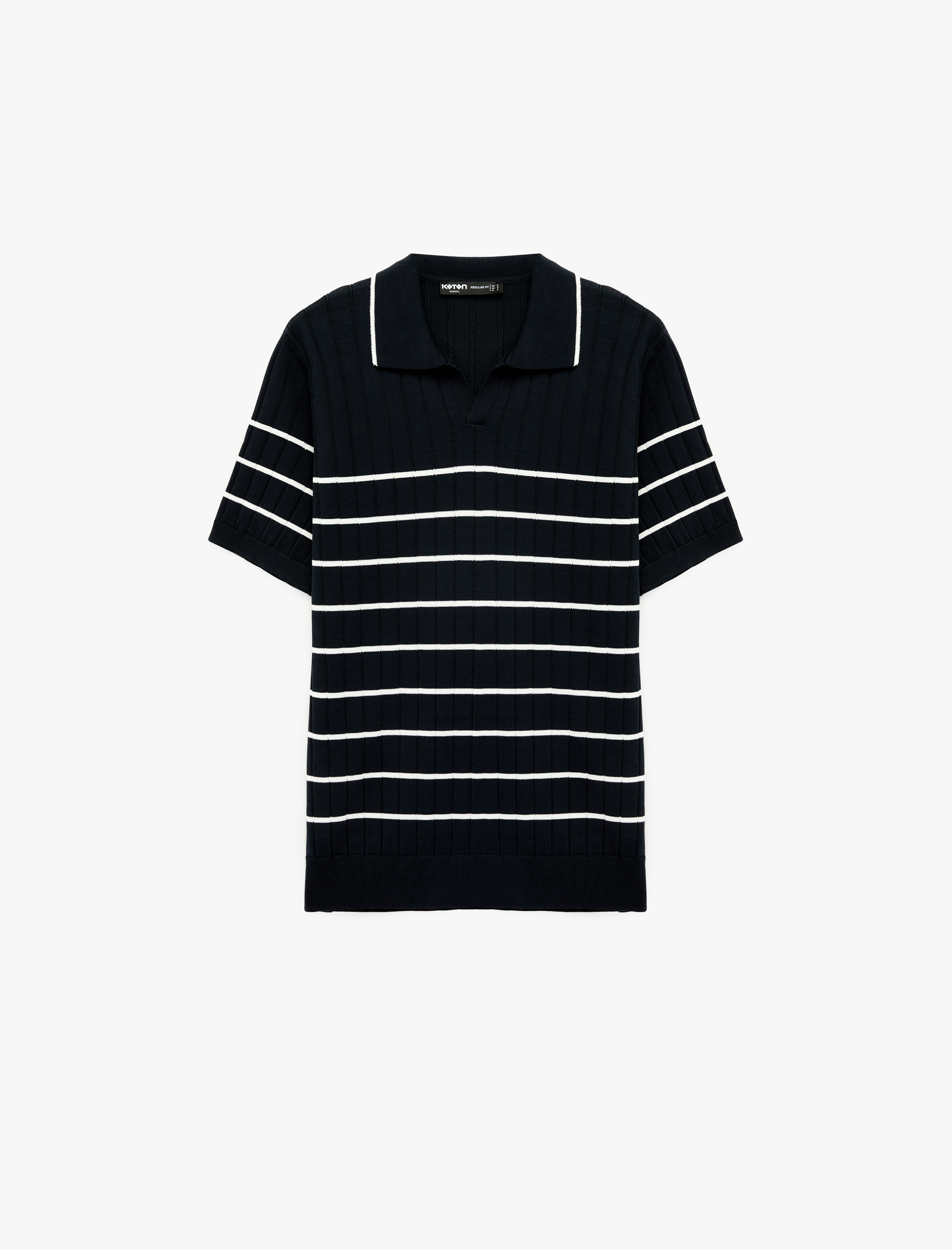   Viskon Polo Yaka Çizgili Dokulu Kısa Kollu Triko Tişört