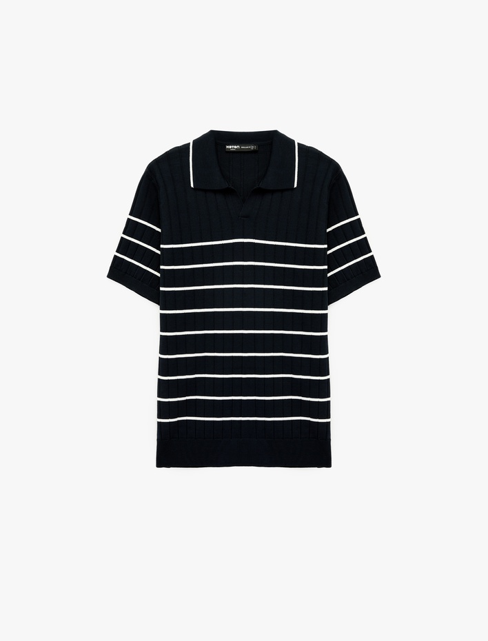  Viskon Polo Yaka Çizgili Dokulu Kısa Kollu Triko Tişört