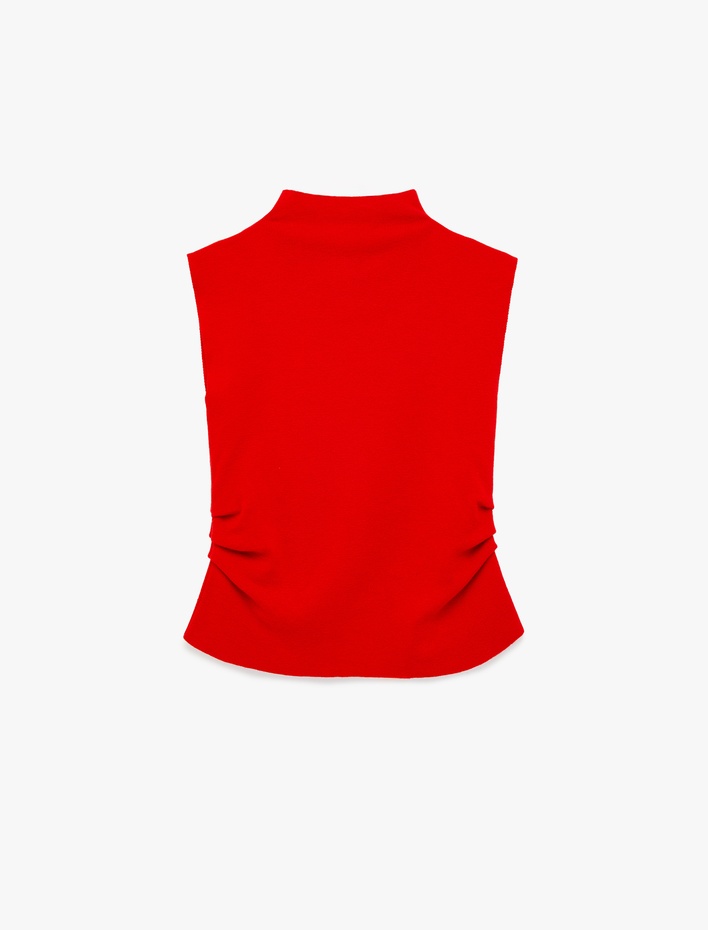  Dik Yaka Düğmeli Drape Detaylı Triko Yelek