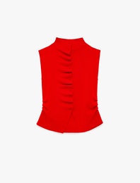 Dik Yaka Düğmeli Drape Detaylı Triko Yelek