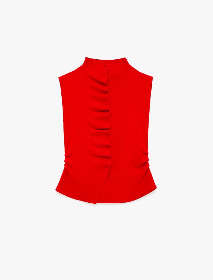  Dik Yaka Düğmeli Drape Detaylı Triko Yelek