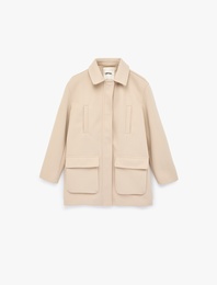 Uzun Kollu Cepli Fermuarlı Dik Huni Yaka Oversize Kaşe Kaban