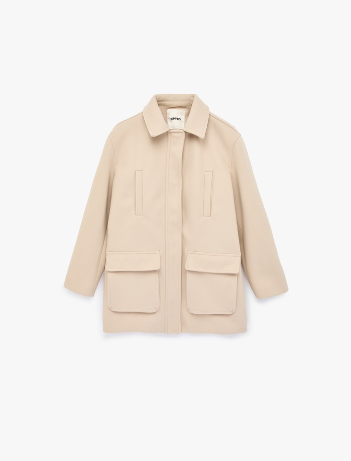  Uzun Kollu Cepli Fermuarlı Dik Huni Yaka Oversize Kaşe Kaban