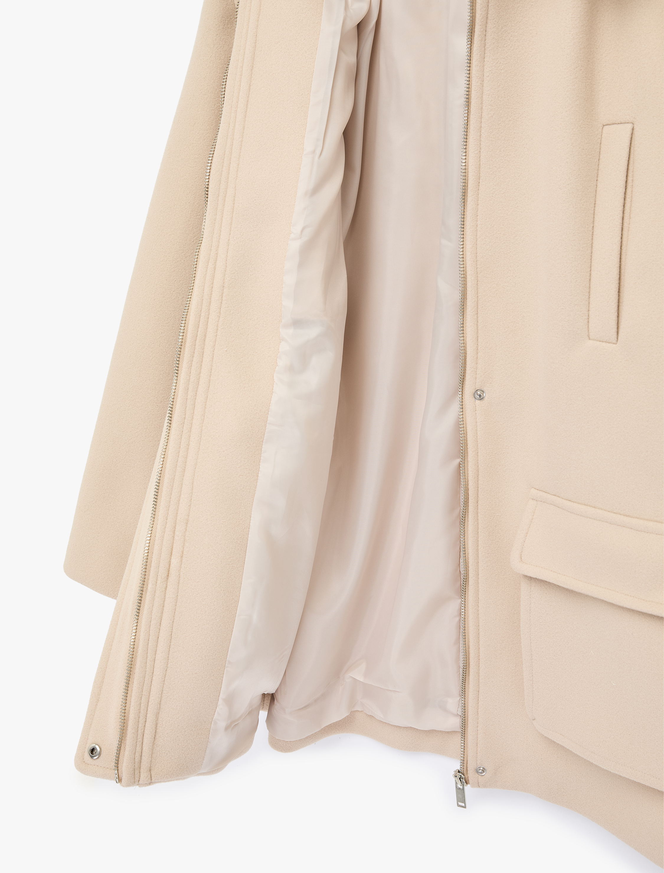   Uzun Kollu Cepli Fermuarlı Dik Huni Yaka Oversize Kaşe Kaban