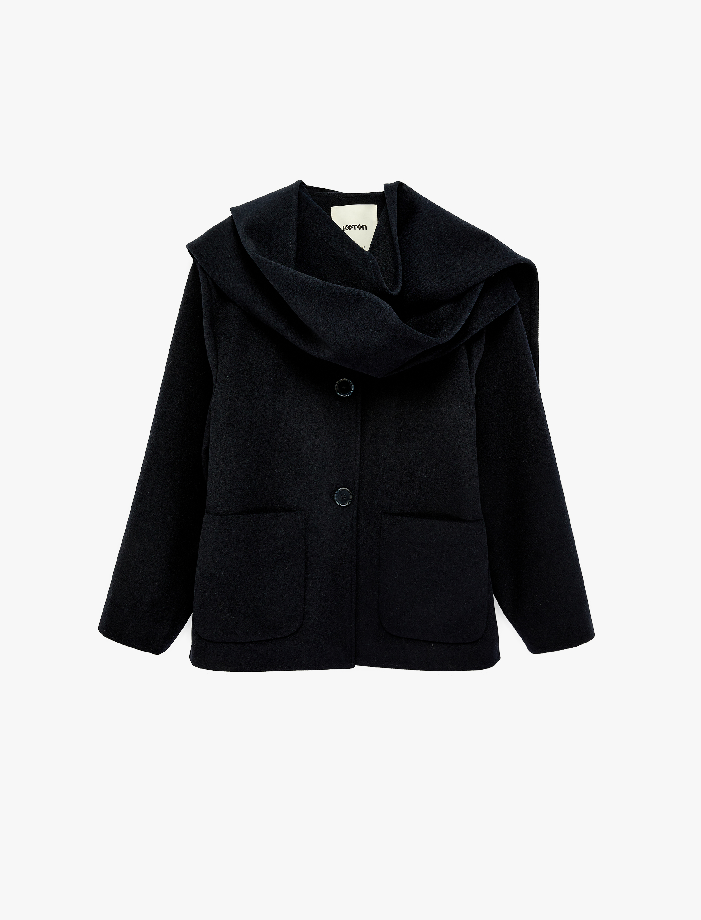   Uzun Kollu Düğmeli Cepli Atkılı Kaşe Ceket