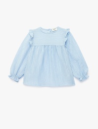 Fırfır Detaylı Uzun Kollu Bisiklet Yaka Çizgili Bluz