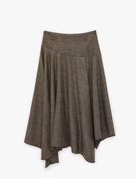 Yüksek Bel Kemerli Kloş Asimetrik Kesim Midi Ekoseli Etek