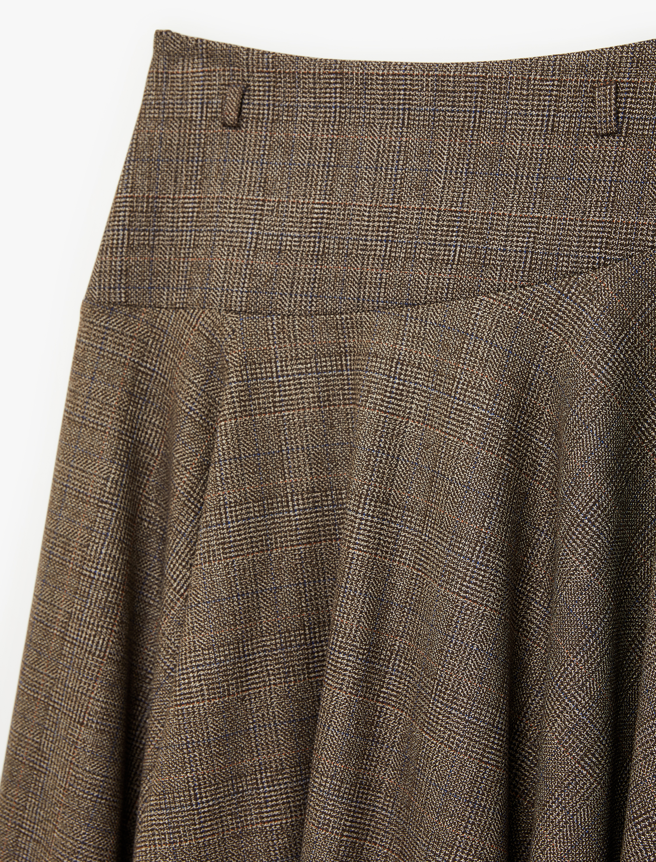   Yüksek Bel Kemerli Kloş Asimetrik Kesim Midi Ekoseli Etek