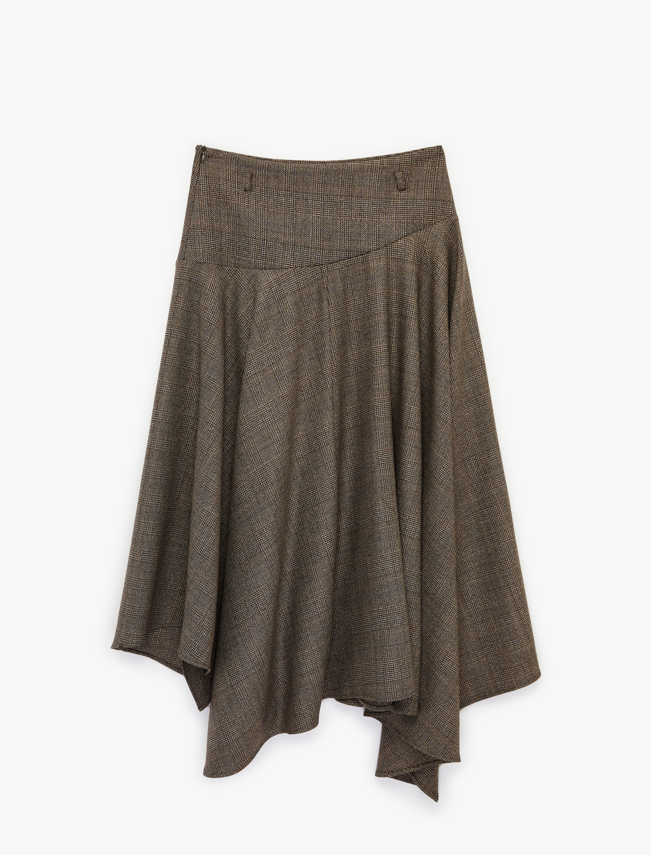   Yüksek Bel Kemerli Kloş Asimetrik Kesim Midi Ekoseli Etek