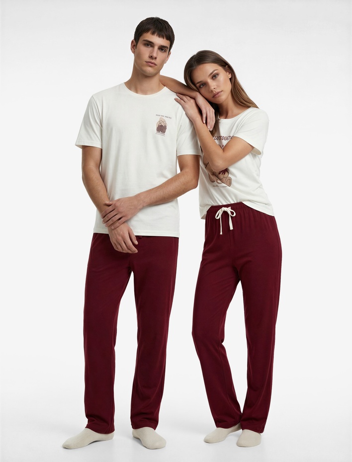  Pamuklu Kısa Kollu Ayıcık Baskılı Pijama Takımı