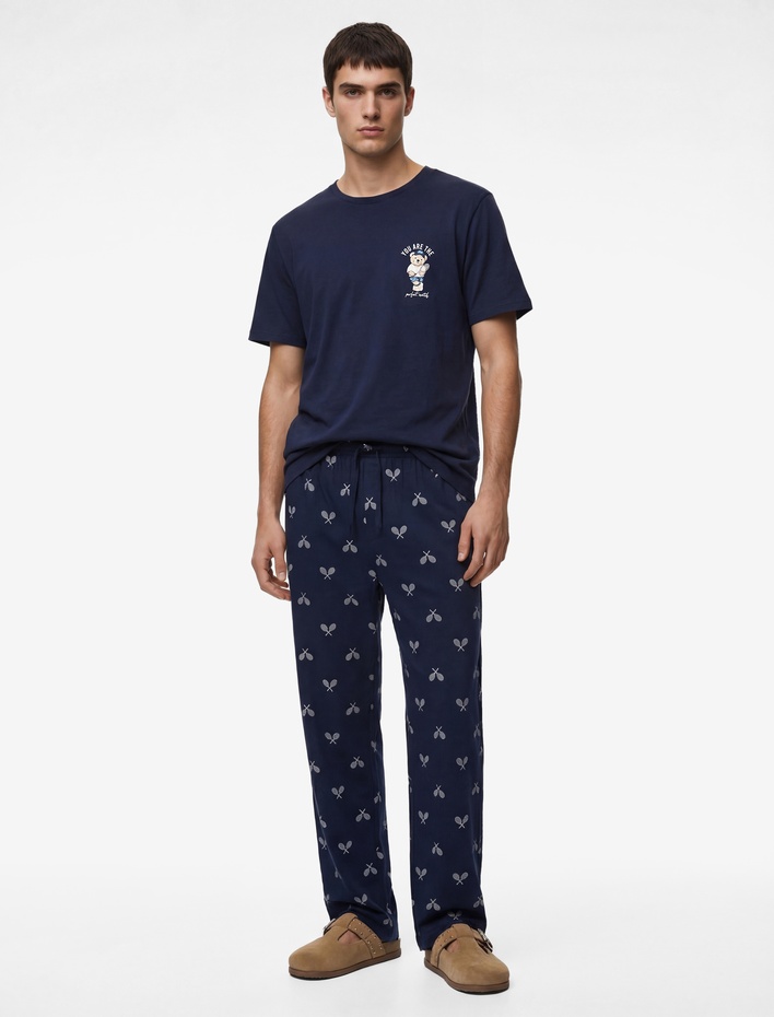  Pamuklu Rahat Kalıp Kısa Kollu Ayıcık Baskılı Örme Pijama Takımı