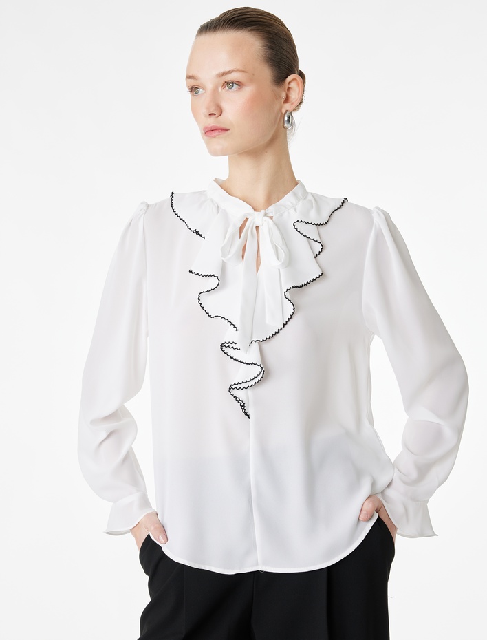  Uzun Kollu Fırfırlı Yaka Bağlama Detaylı Bluz