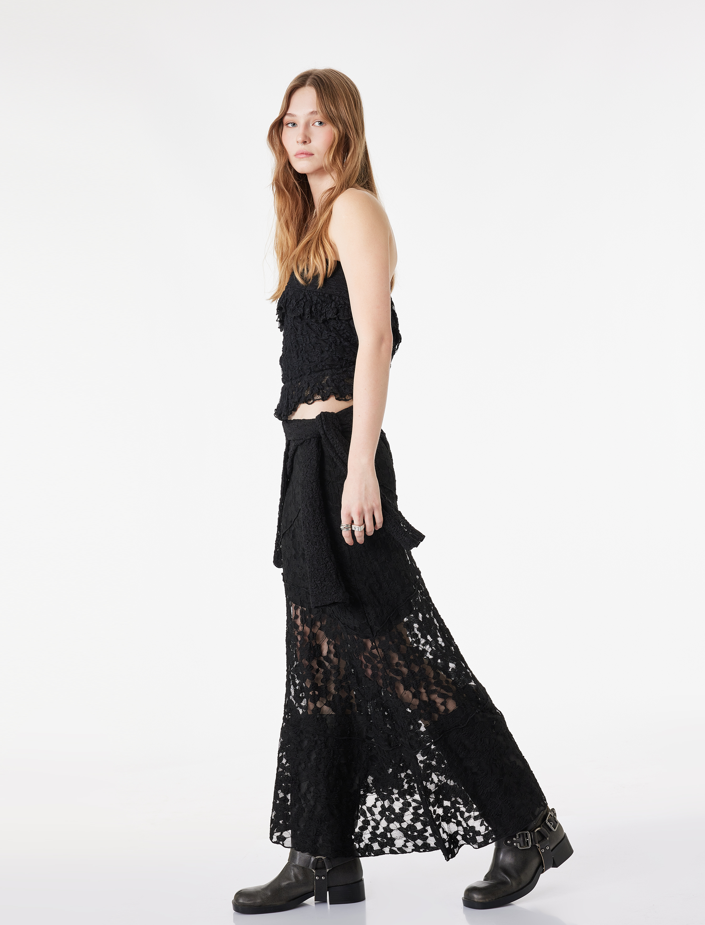   Asimetrik Kesim Dantel Detaylı Yüksek Bel Midi Etek