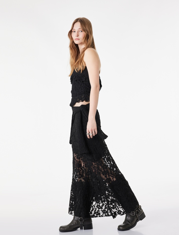  Asimetrik Kesim Dantel Detaylı Yüksek Bel Midi Etek