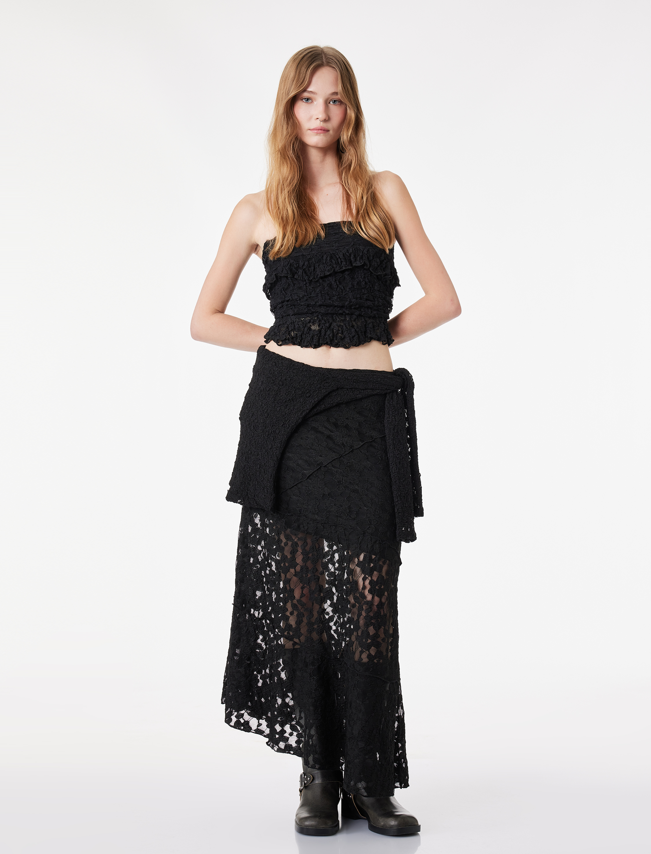   Asimetrik Kesim Dantel Detaylı Yüksek Bel Midi Etek