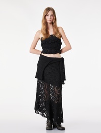 Asimetrik Kesim Dantel Detaylı Yüksek Bel Midi Etek