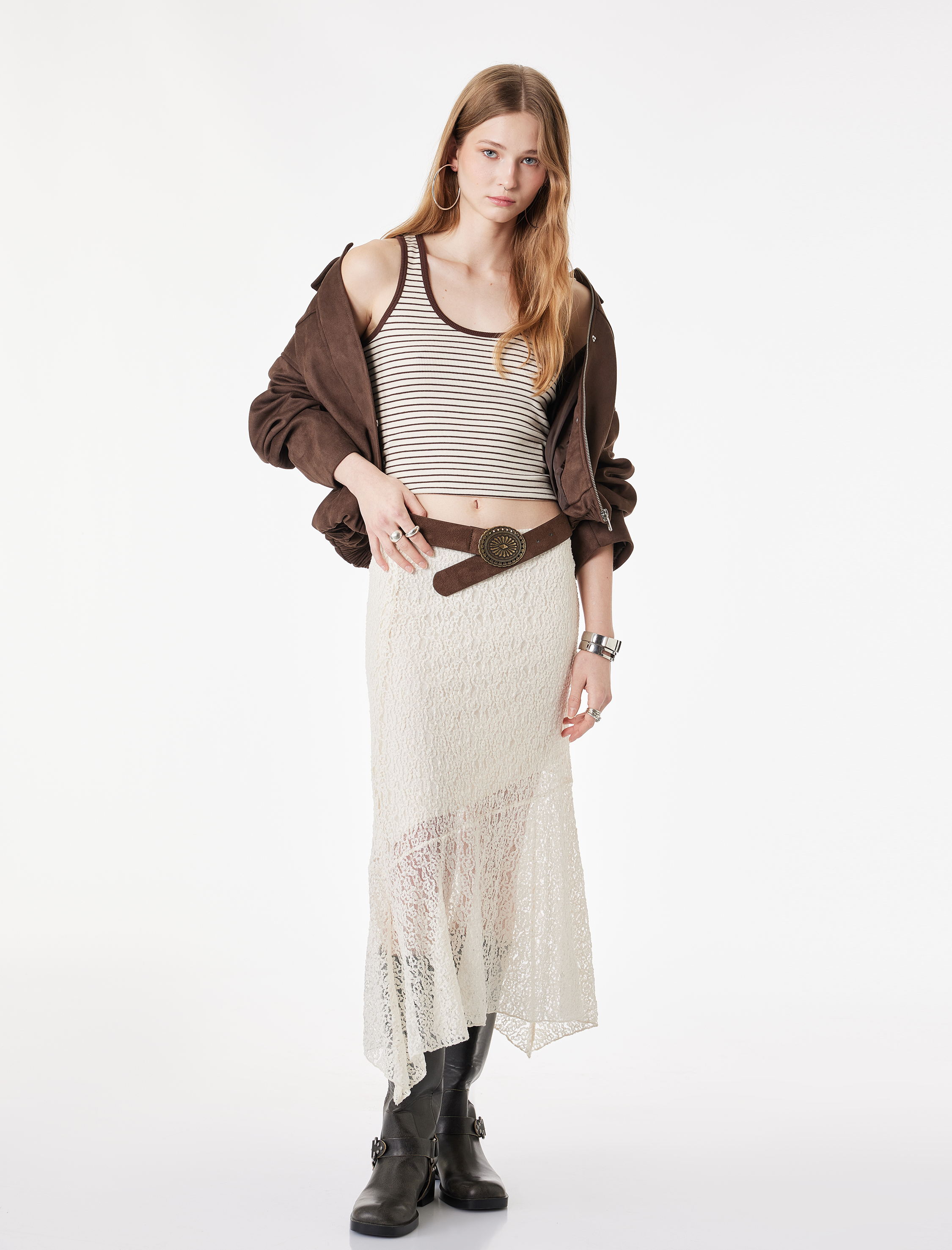   Normal Bel Asimetrik Kesim Midi Dantel Etek