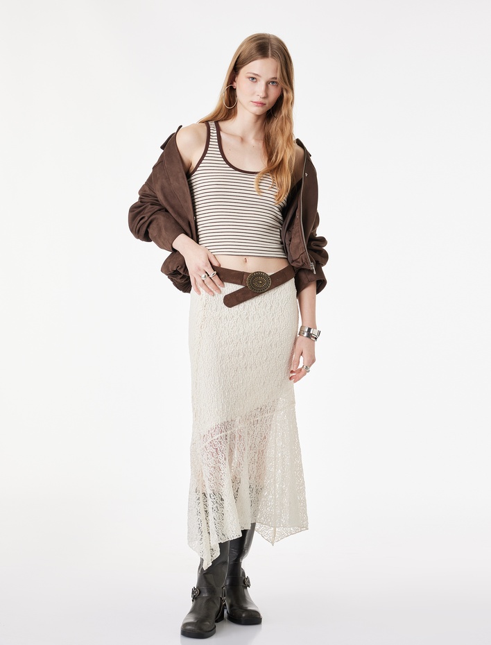  Normal Bel Asimetrik Kesim Midi Dantel Etek