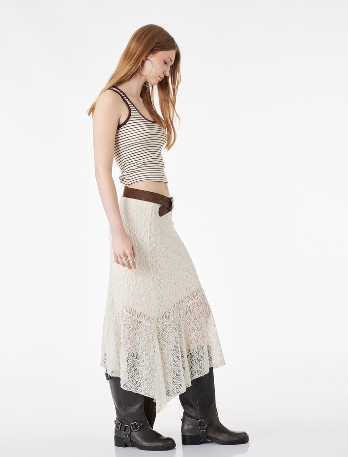  Normal Bel Asimetrik Kesim Midi Dantel Etek