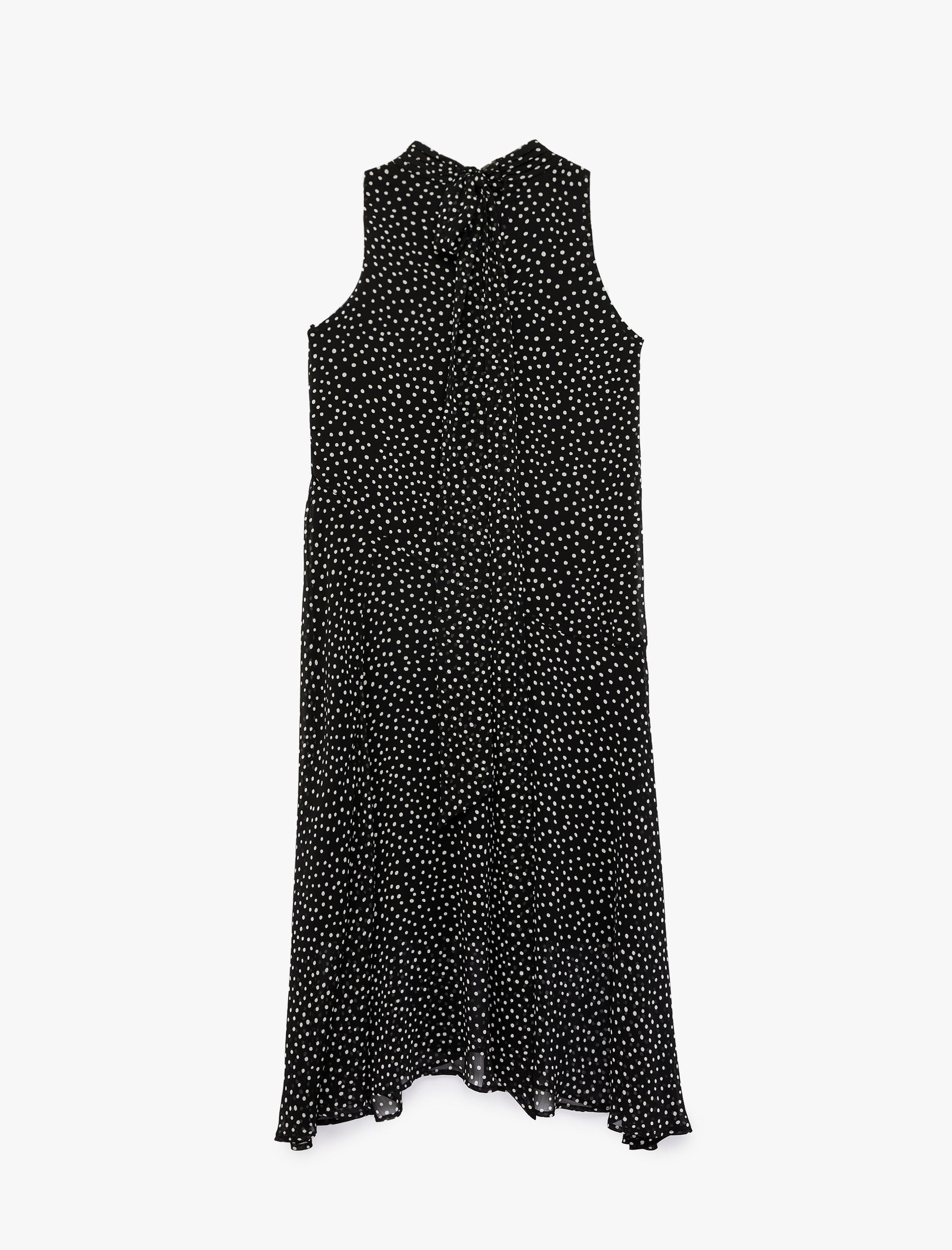   Şifon Kolsuz Kloş Puantiyeli Uzun Halter Yaka Elbise