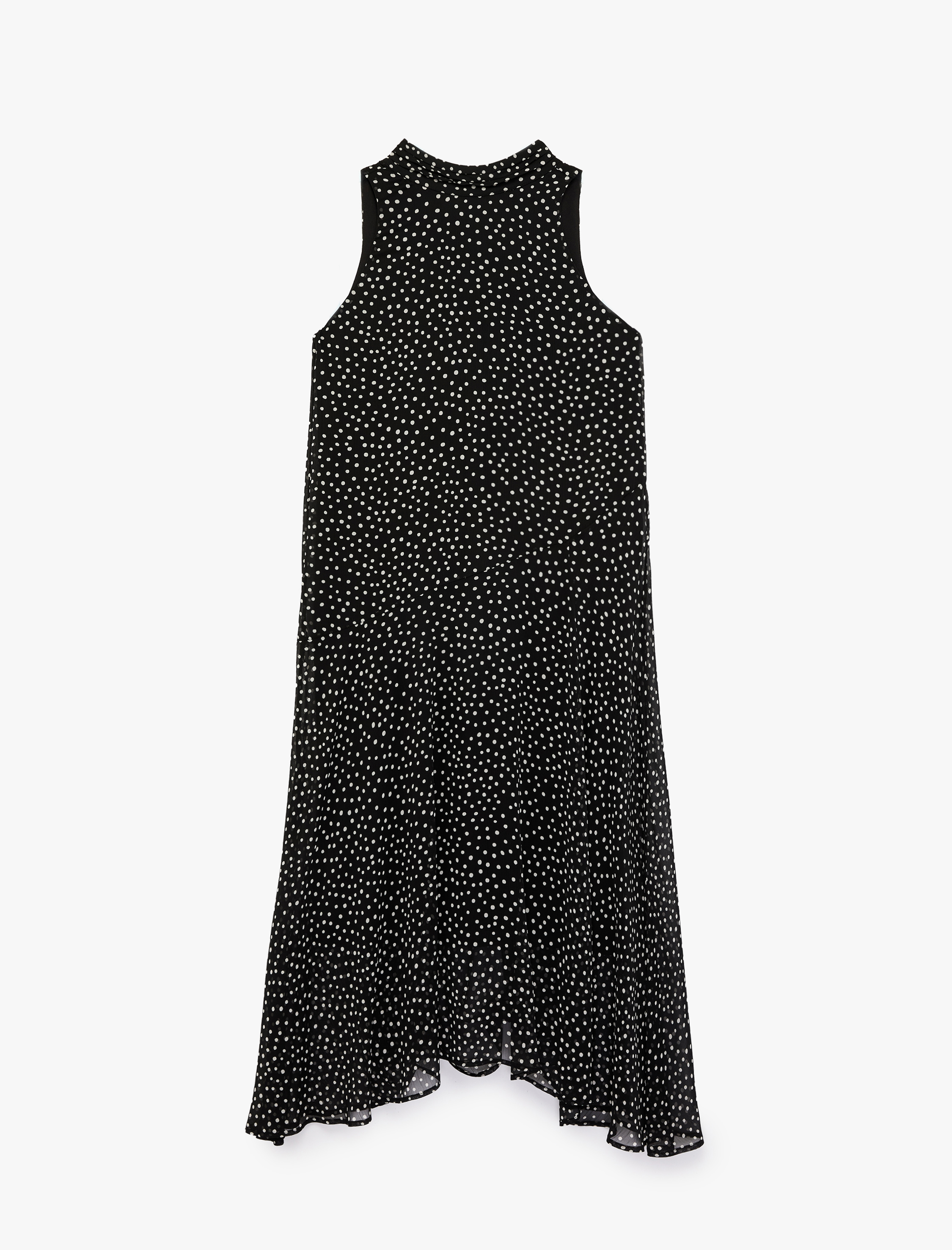   Şifon Kolsuz Kloş Puantiyeli Uzun Halter Yaka Elbise