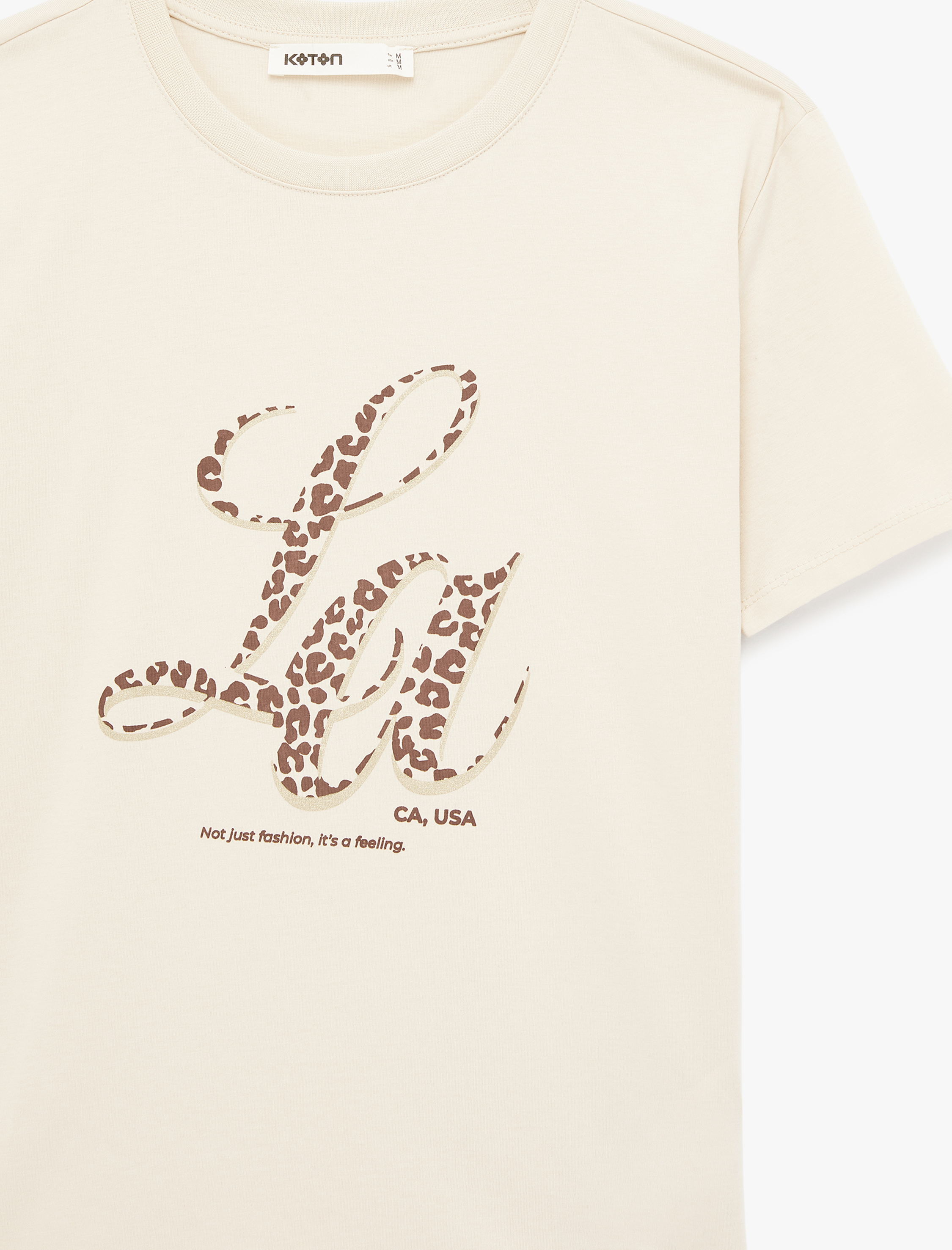   Pamuklu Kısa Kollu Bisiklet Yaka Leopar Baskı Detaylı Tişört