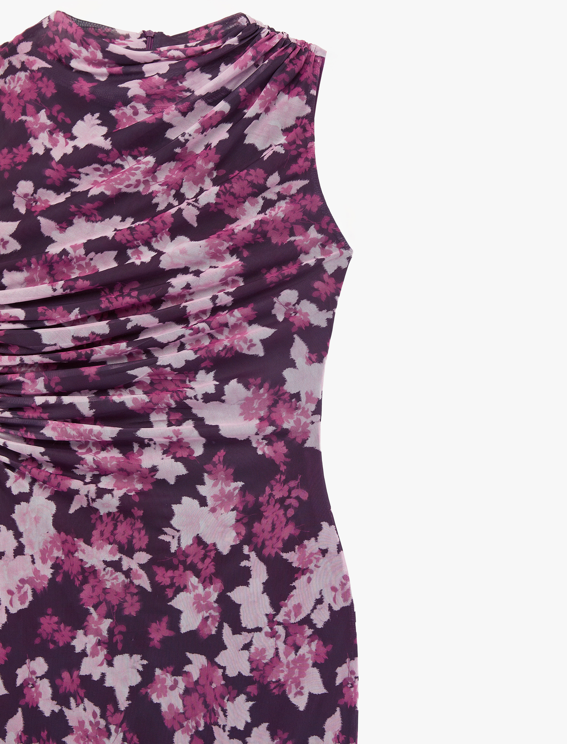   Slim Fit Drapeli Kolsuz Bisiklet Yaka Çiçekli Uzun Elbise