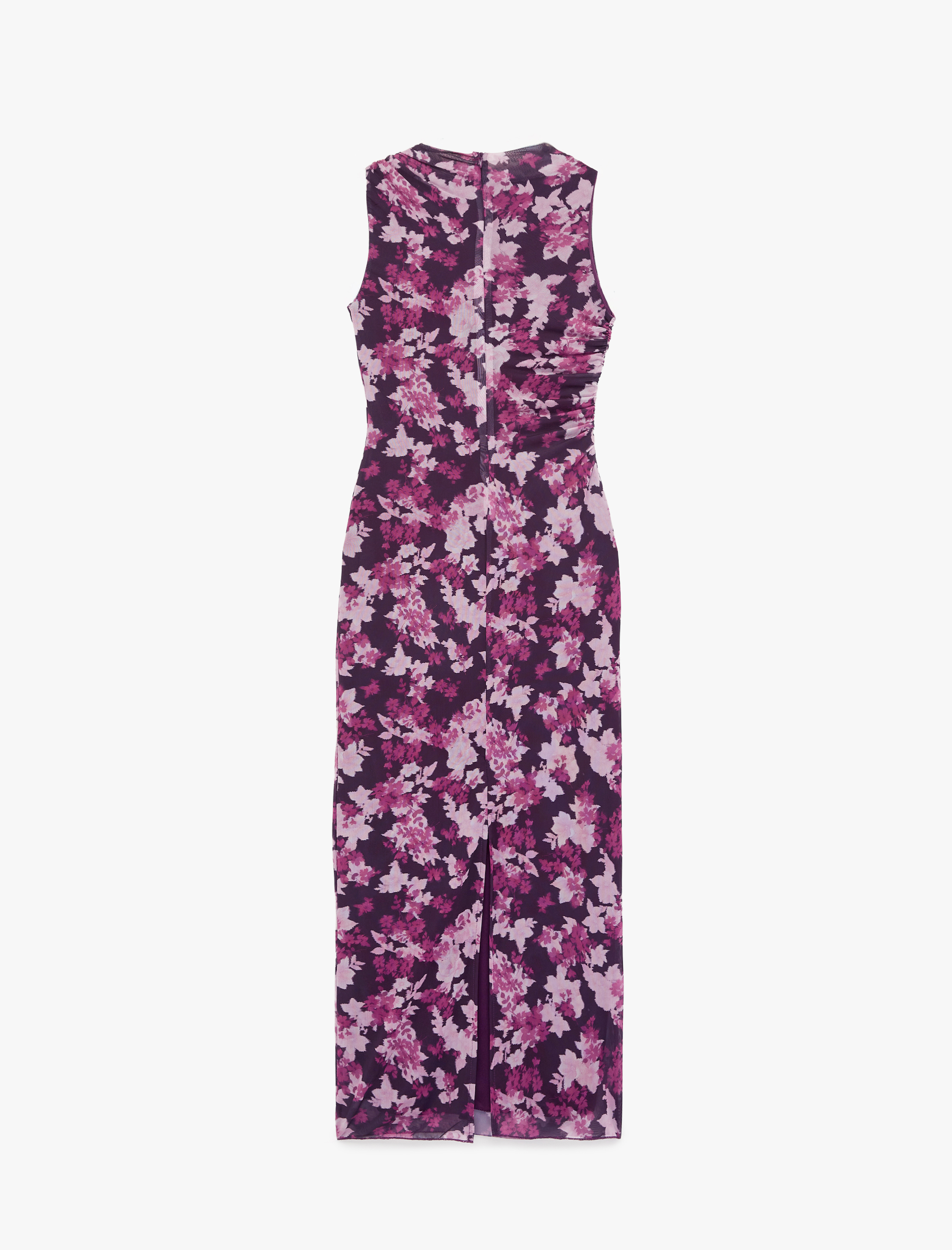   Slim Fit Drapeli Kolsuz Bisiklet Yaka Çiçekli Uzun Elbise