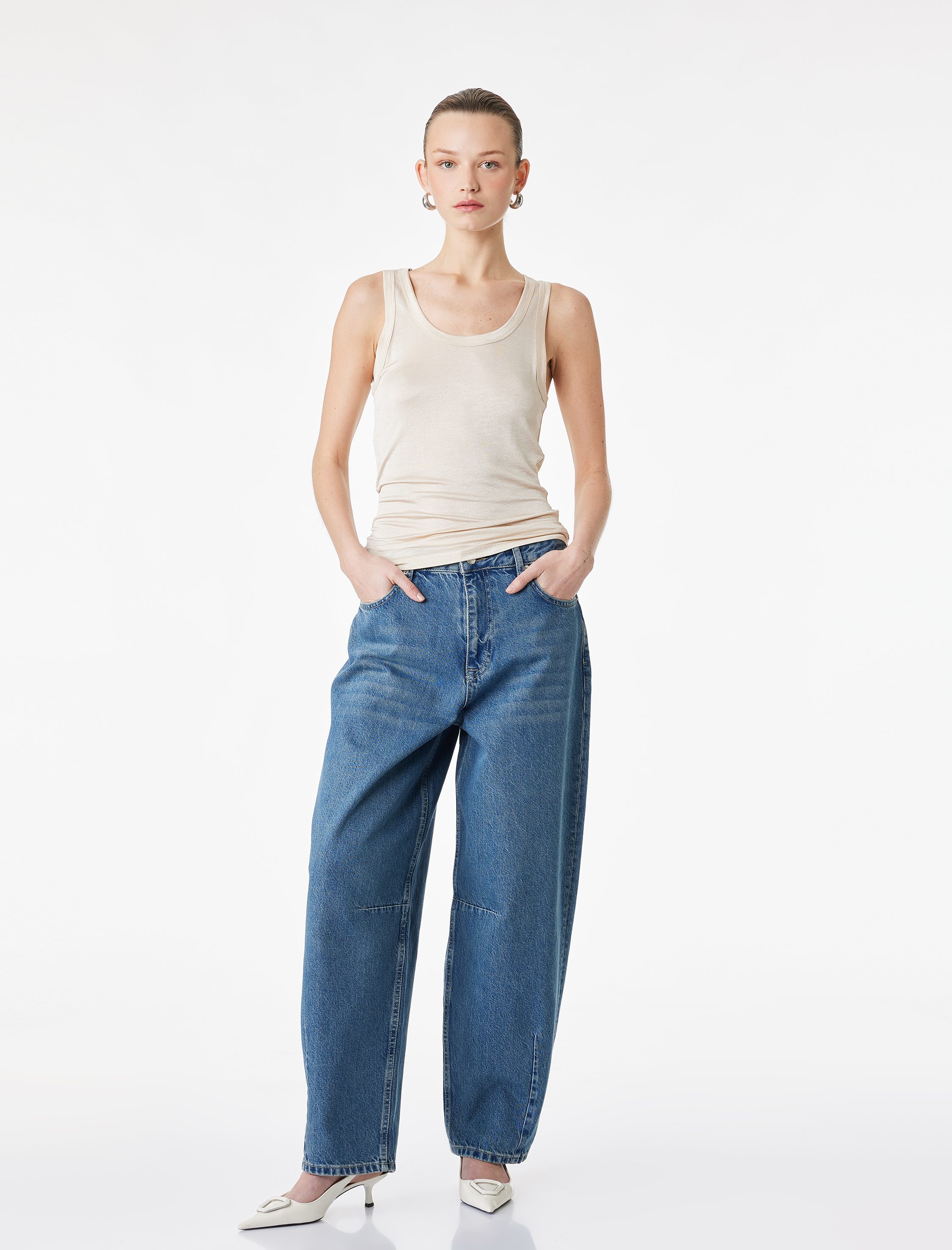   Pamuklu Rahat Kalıp Normal Paça Balon Denim Pantolon -Balloon Jean