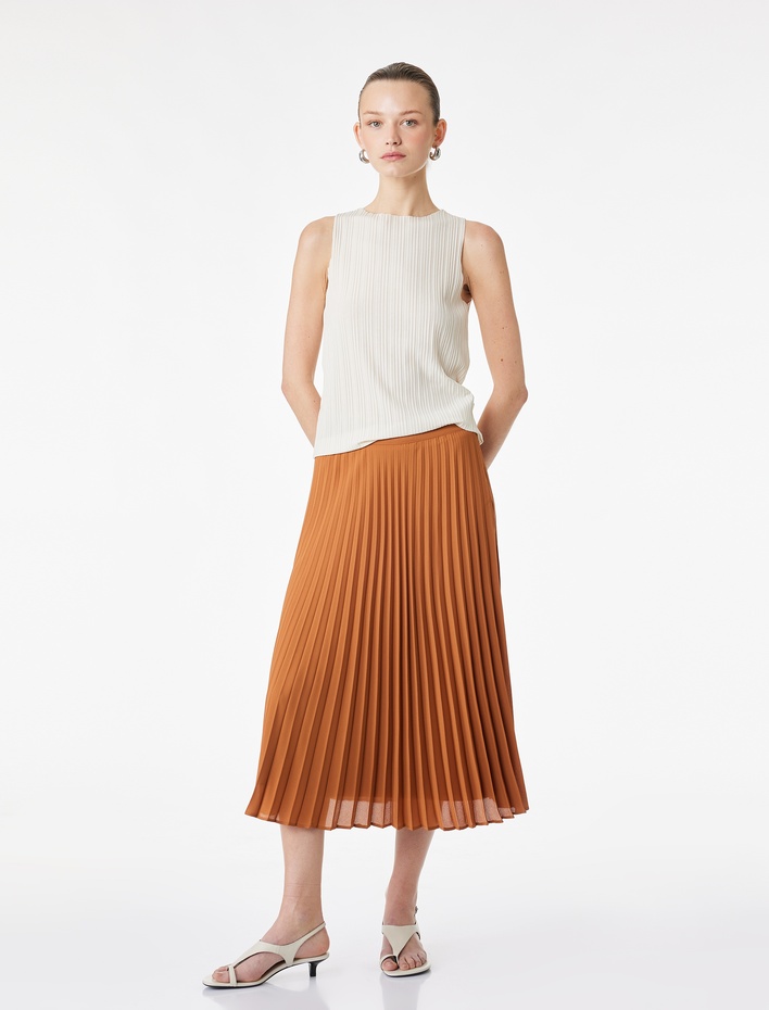  Krep İnce Pileli Yüksek Bel Midi Etek