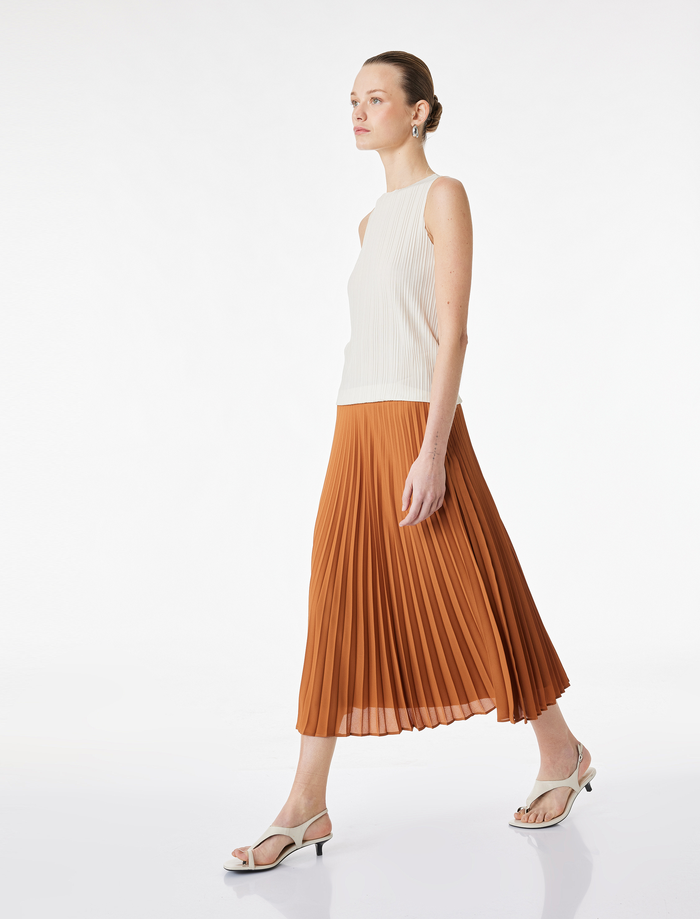   Krep İnce Pileli Yüksek Bel Midi Etek