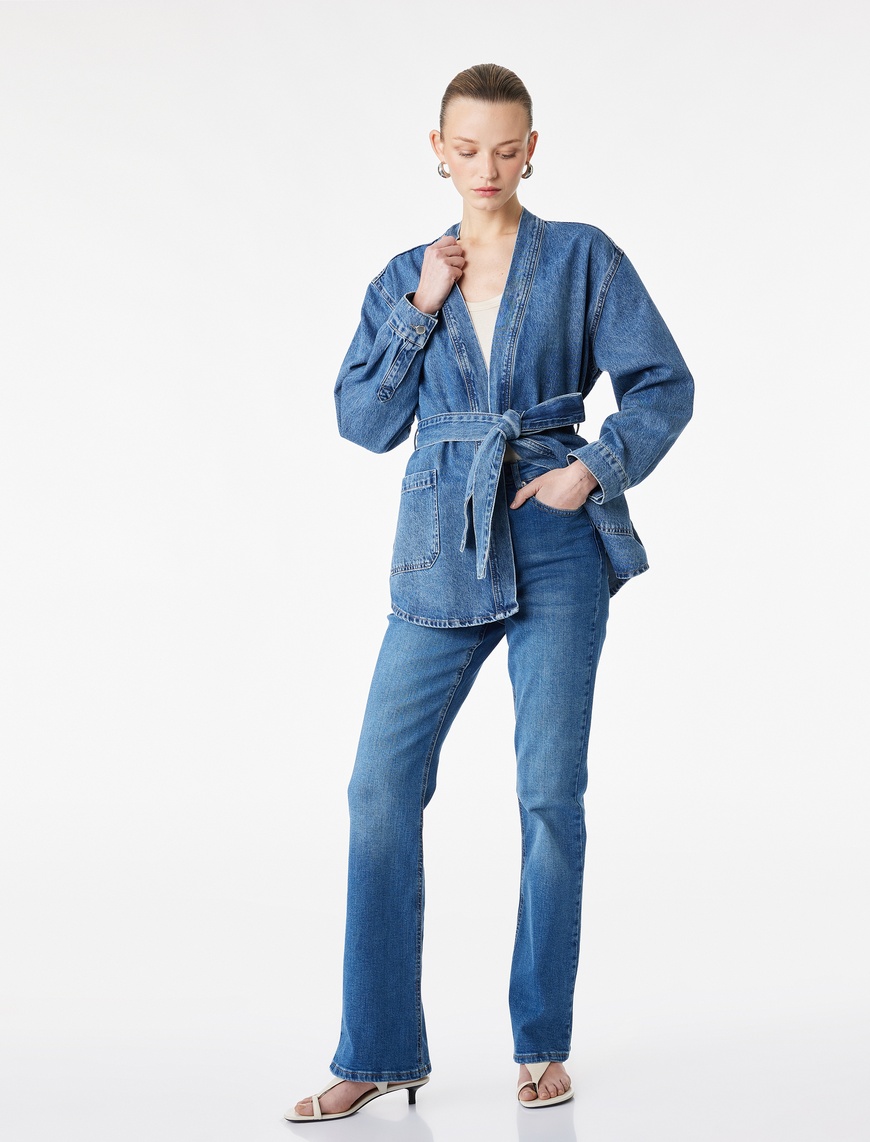 Koton Kadın Slim Fit Yüksek Bel Pamuklu İspanyol Paça Denim Pantolon - Flare Jeans