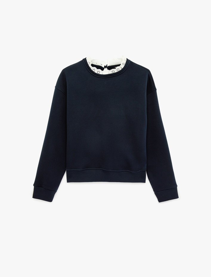  Üç İplik Şardonlu Uzun Kollu Dantel Detaylı Bisiklet Yaka Sweatshirt