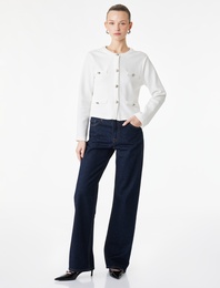 Uzun Kollu Düğmeli Aplike Detaylı Yuvarlak Yaka Hırka