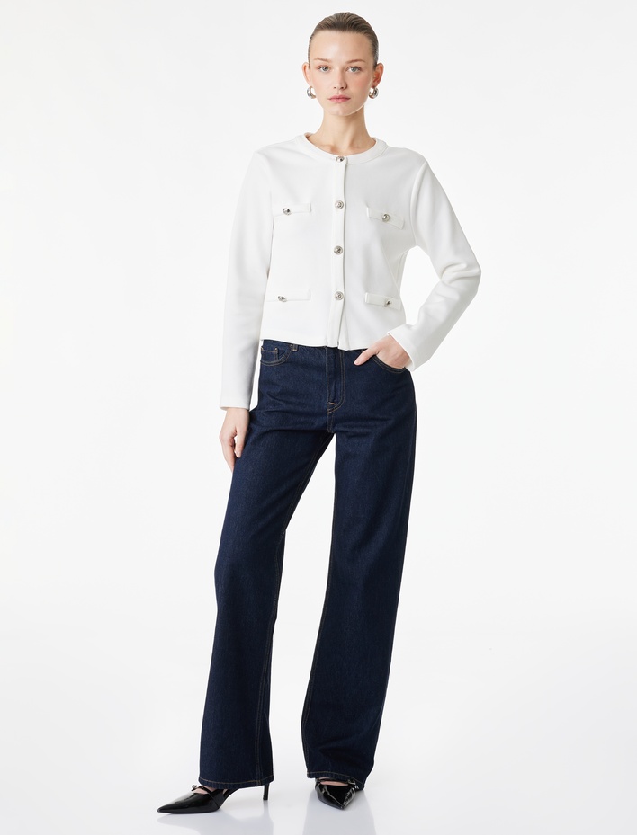  Uzun Kollu Gold Düğmeli Aplike Detaylı Yuvarlak Yaka Hırka