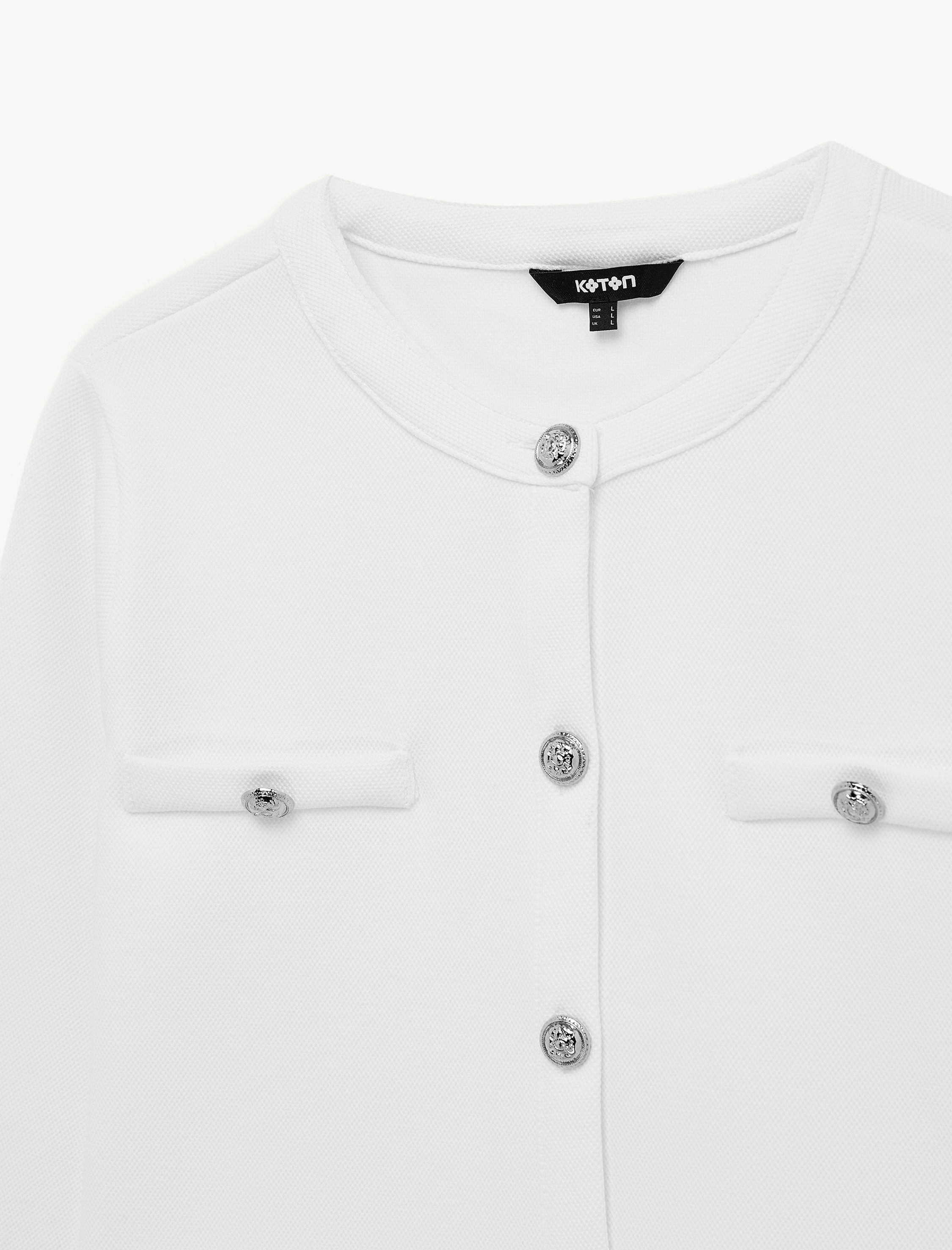   Uzun Kollu Düğmeli Aplike Detaylı Yuvarlak Yaka Hırka